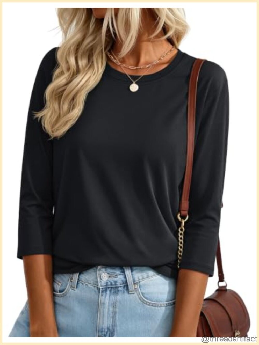 3/4 Sleeve Womens Top Crew Neck Cotton Casual Shirt